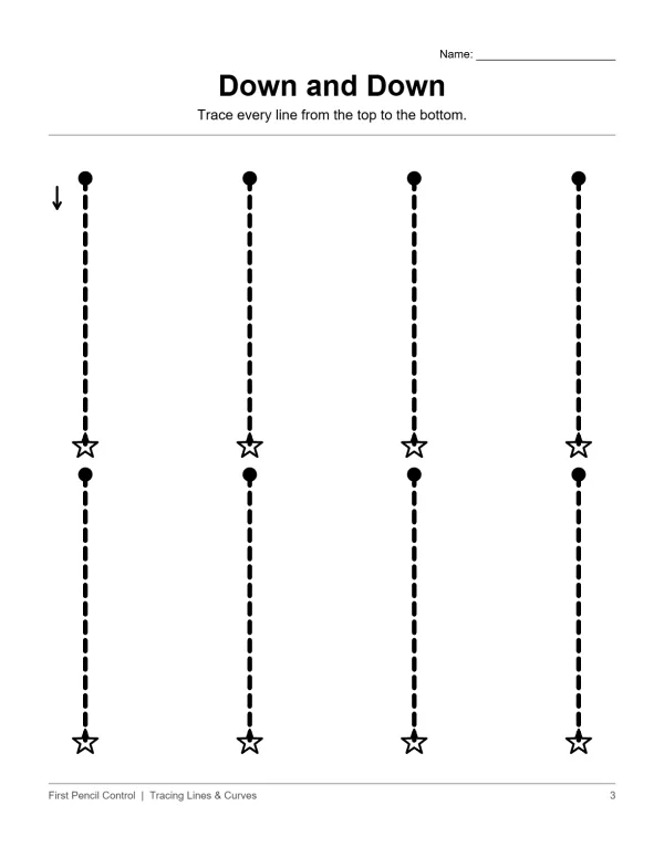 Worksheet with four dotted vertical lines, each marked with a star at the top and bottom, and a dot in the middle.