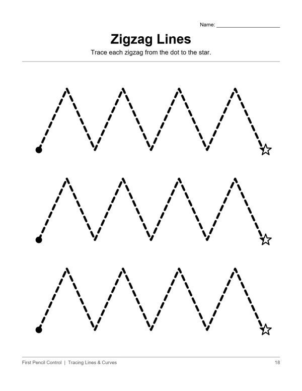 Three rows of dashed zigzag lines with a starting dot and ending star for tracing practice.