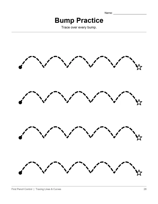 Four rows of dotted wavy lines with stars at the end, for tracing practice.