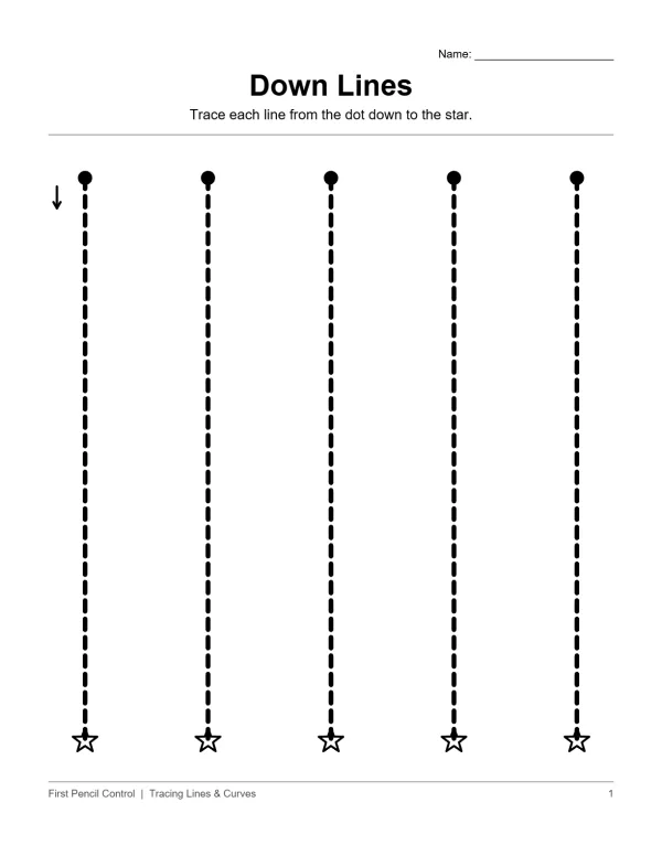 Worksheet with five vertical dashed lines from dots to stars, with an arrow indicating downward tracing.