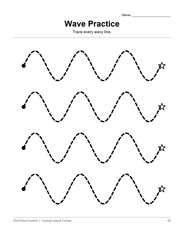 Four rows of dashed wavy lines with starting dots and ending stars for tracing practice.
