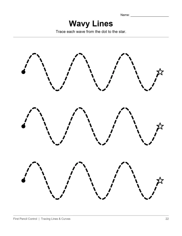 Three rows of dashed wavy lines with a dot at the start and a star at the end of each line.