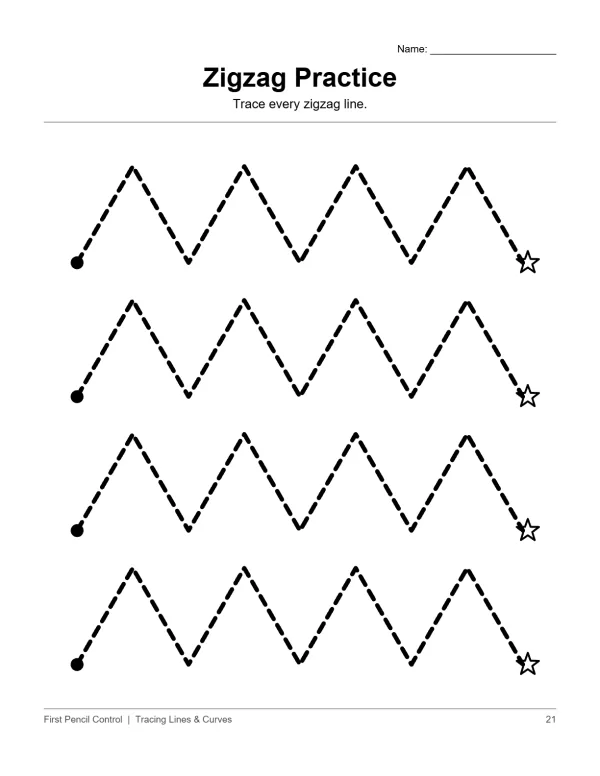 Dotted zigzag lines with start and end markers for tracing practice.