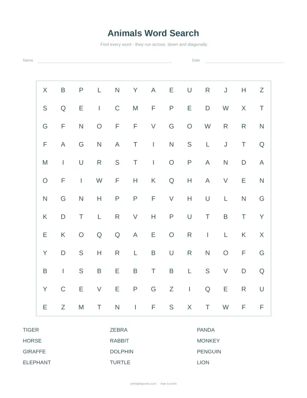 Animals word search puzzle with a list of animals to find at the bottom.