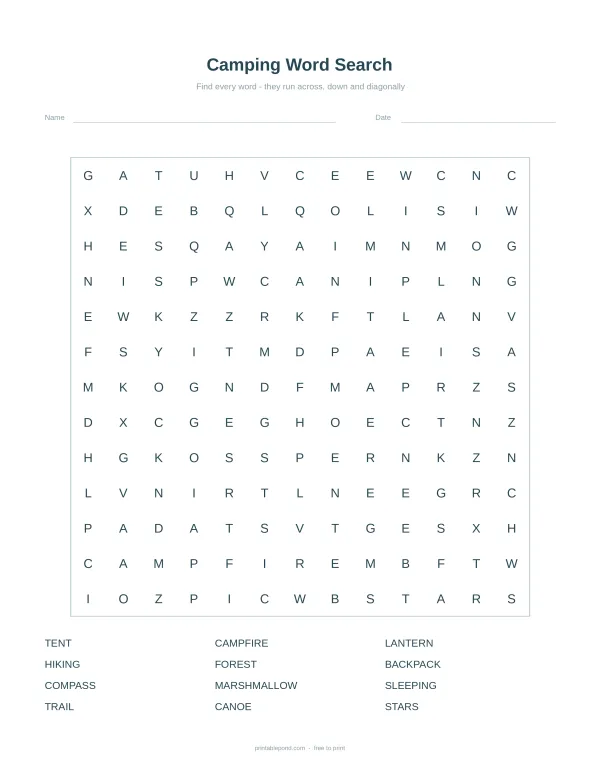 A camping word search puzzle with a grid of letters and a list of words to find below.