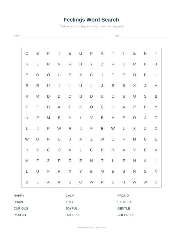 A feelings word search puzzle with a list of words to find at the bottom.