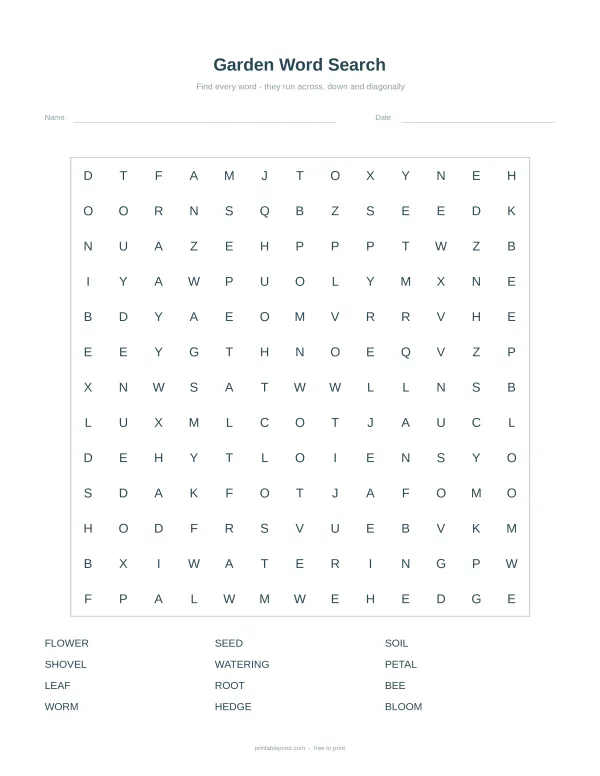 A garden-themed word search puzzle with a list of words to find at the bottom.