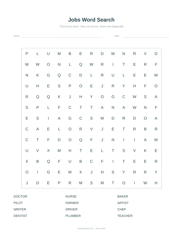 Jobs word search puzzle with a list of professions to find
