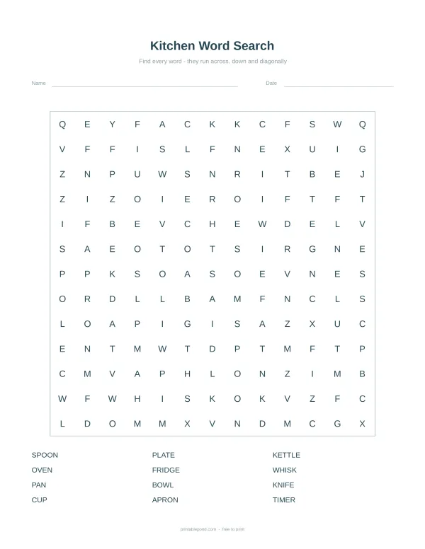 A kitchen word search puzzle with a list of words at the bottom and letters filling the grid.