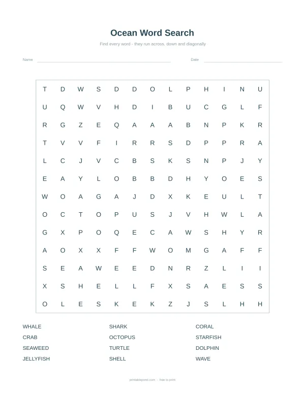 An ocean themed word search puzzle with a list of words to find at the bottom.