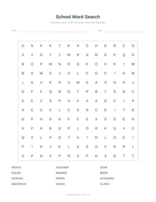 A school-themed word search puzzle with a list of words to find at the bottom.
