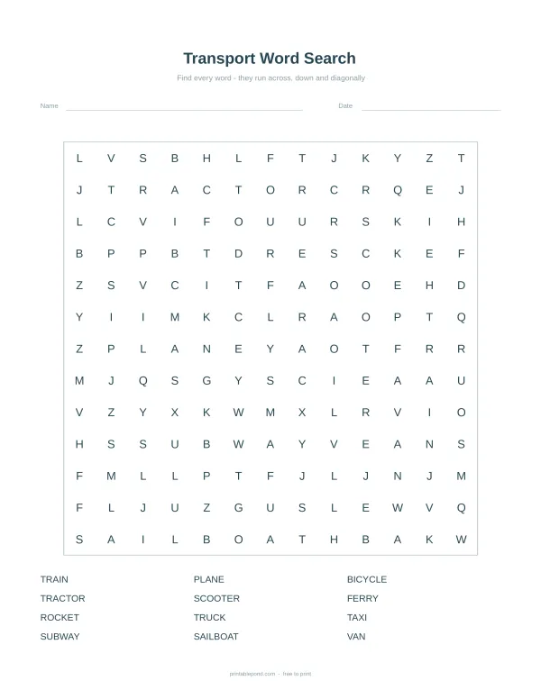 A transport-themed word search puzzle with a grid of letters and a list of words to find at the bottom.