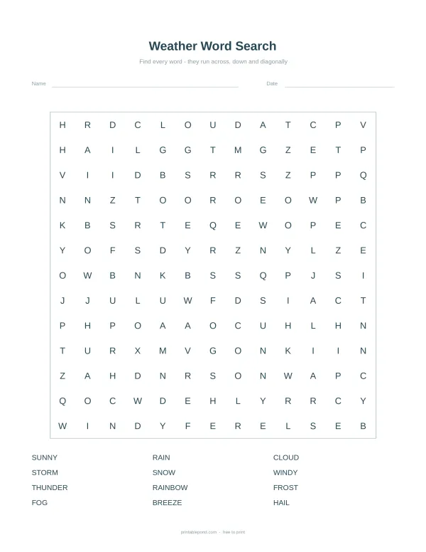 A grid of letters with a list of weather-related words to find, and space for name and date.