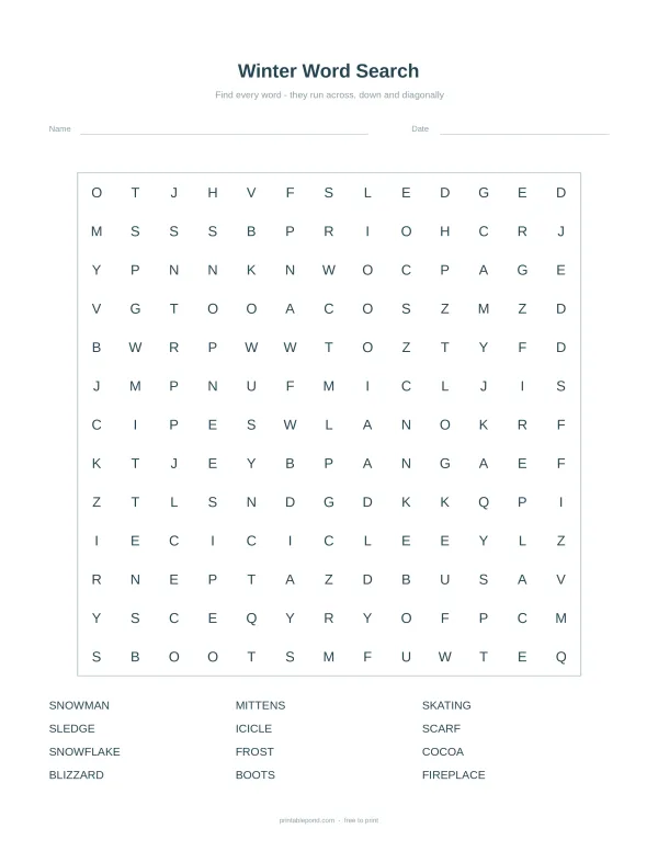 A winter word search puzzle with a list of words to find, including snowman, mittens, and ice.